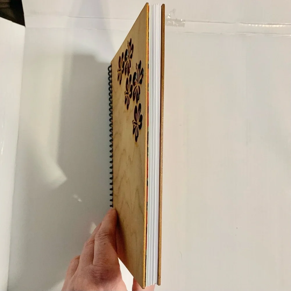 Hibiscus Floral Wooden Cover Spiral Sketchbook Unlined Notebook Journal, [NEW]